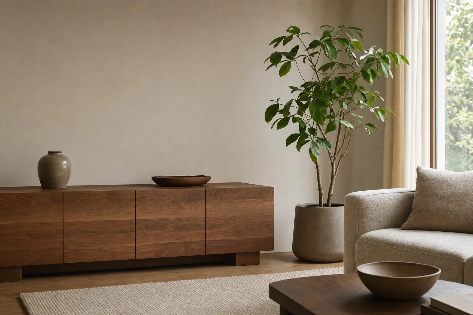 A calm minimal living room with a walnut sideboard and a fabric sofa