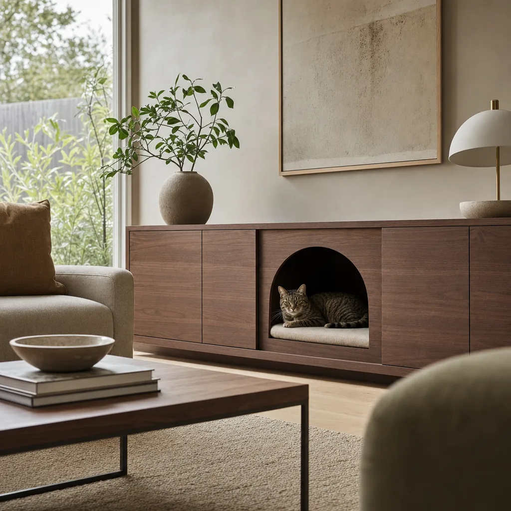 A cat nook built into a cabinet