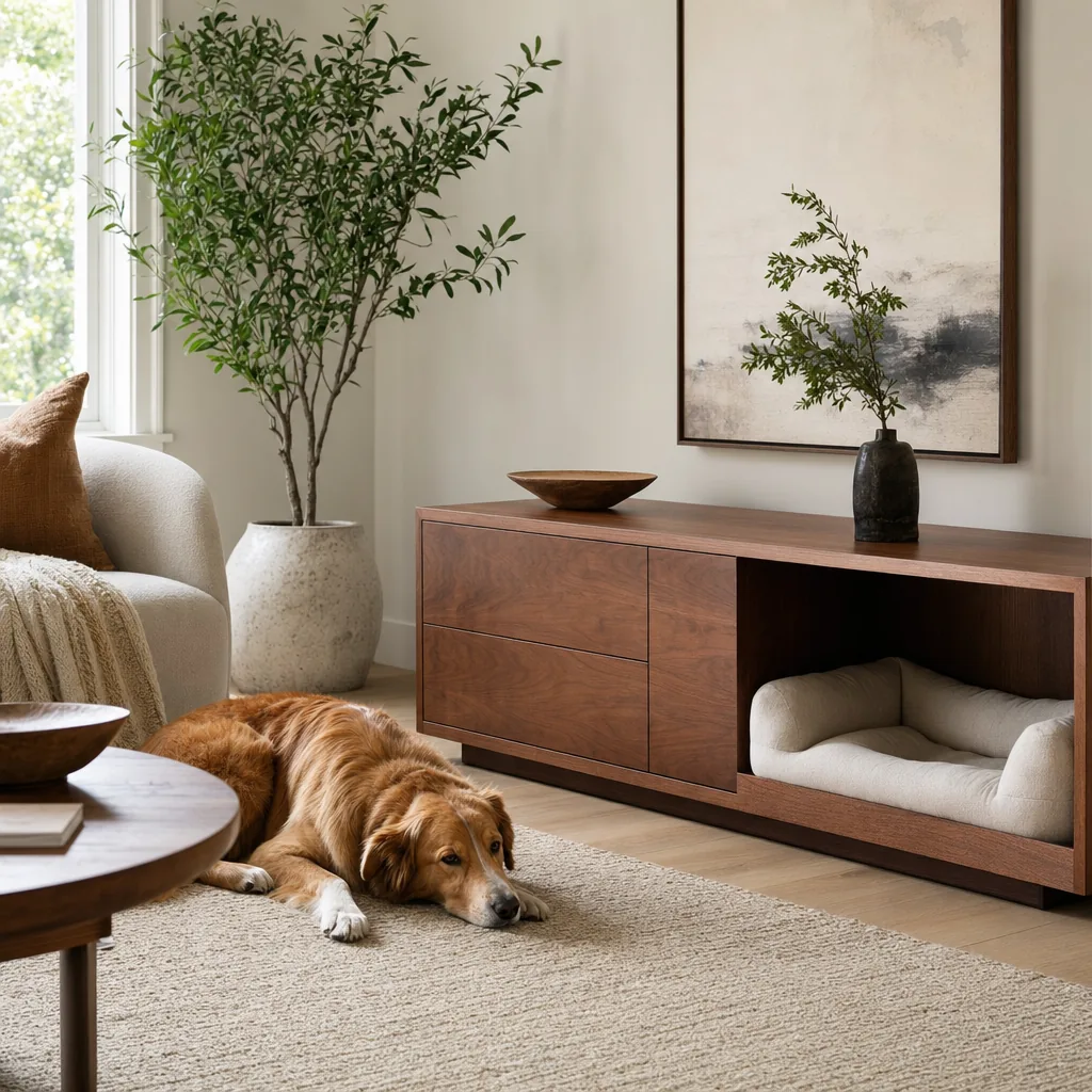 A living room with a corner for the dog