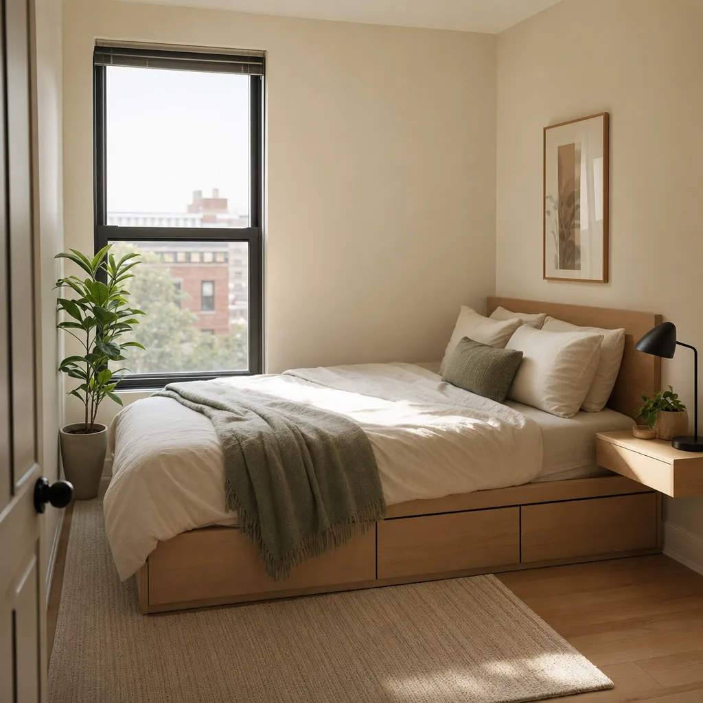 A small bedroom with a storage bed